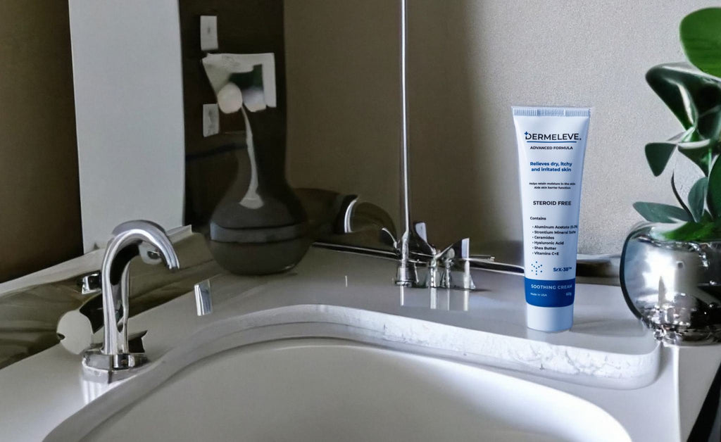 Tube of Dermeleve® on a bathroom counter