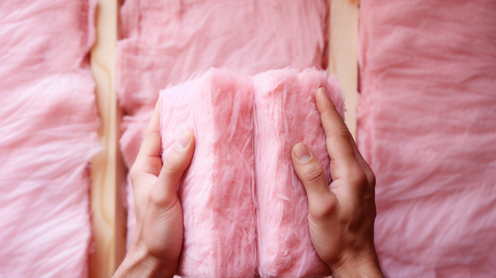 A pair of hands holding a pink piece of fiberglass insulation.