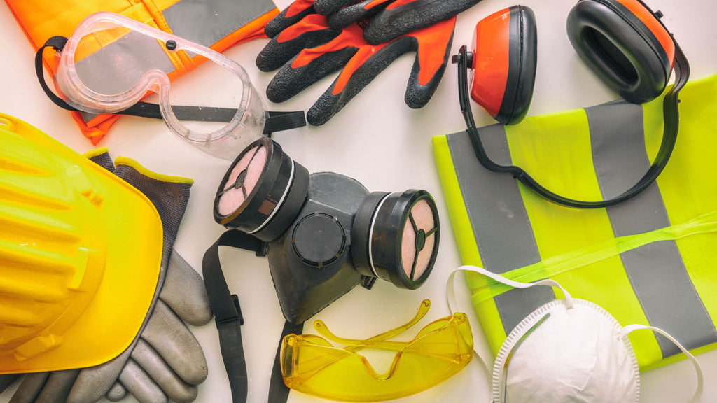 A collection of safety equipment on a white background.