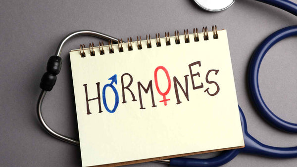 Un estetoscopio y un signo que dice 'hormonas'