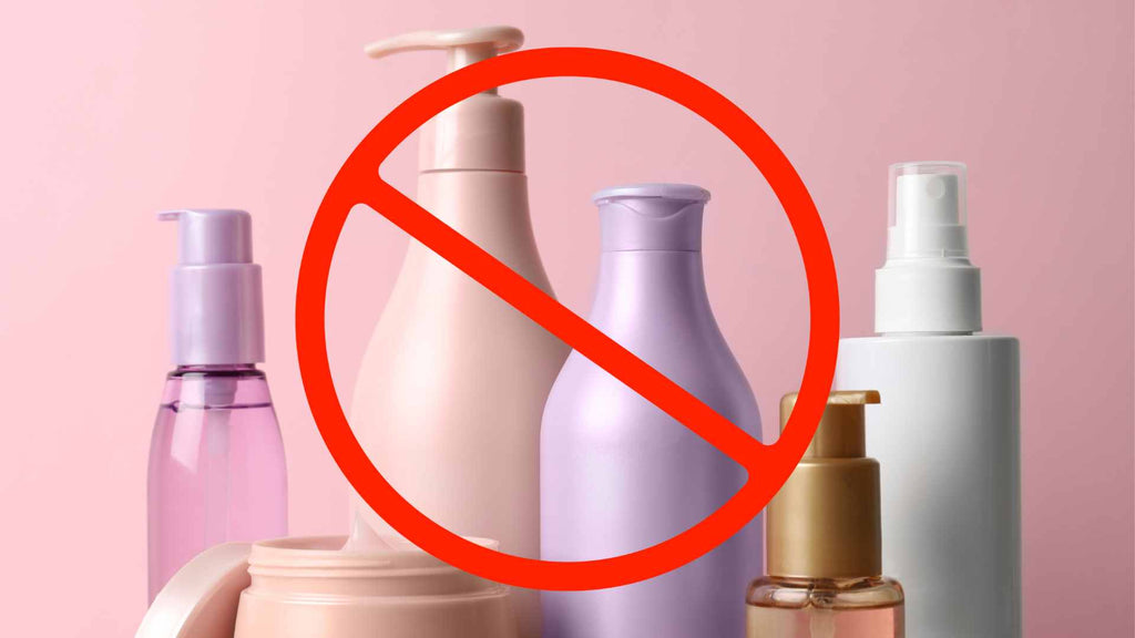 Prohibited cosmetics: a variety of beauty products with a red "no" symbol indicating restriction or ban.