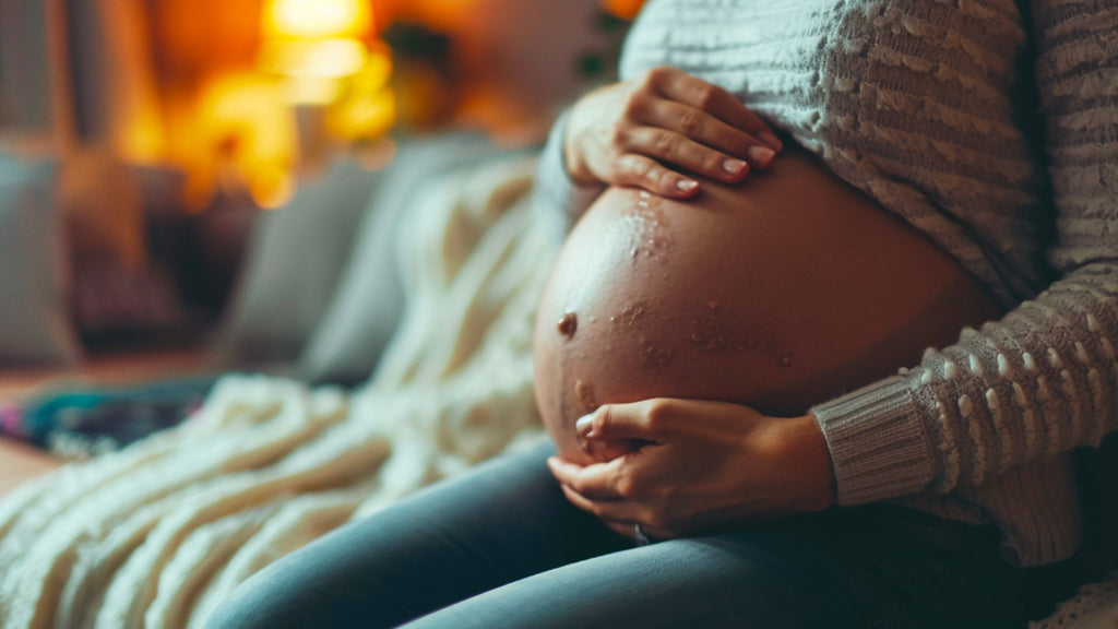 Mujer con erupción de cachorro en su vientre embarazada