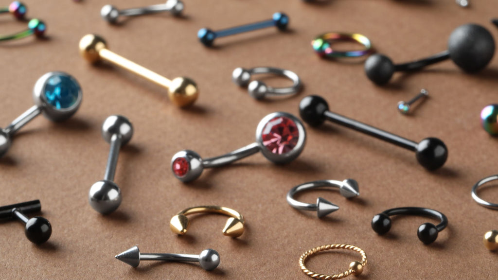 Various types of piercings on a table.