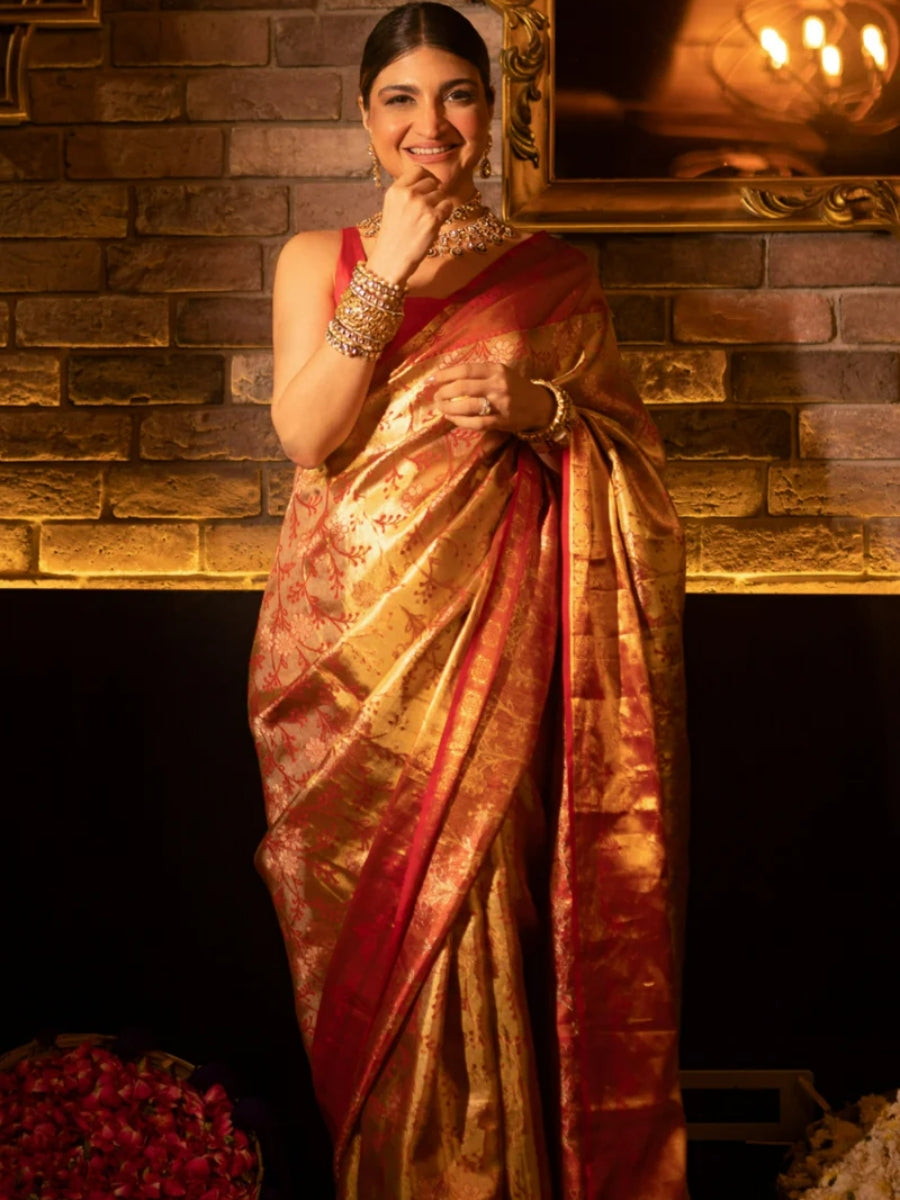 red-golden Kanchipuram silk saree