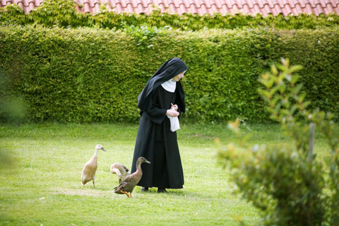 修道院の庭で鳥に餌をあたえる修道女