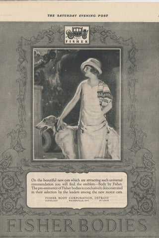 McClelland Barclay woman with Borzoi dog in Fisher Bodies ad, Saturday Evening Post, 1923