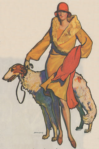 McClelland Barclay woman in yellow coat with Borzoi dog, Fisher Body ad March 1929