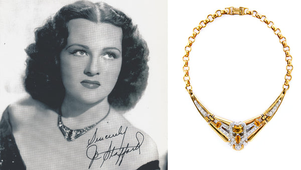 Jo Stafford wearing McClelland Barclay necklace made by Rice-Weiner & Co in publicity photo; the same design with yellow rhinestones shown on right