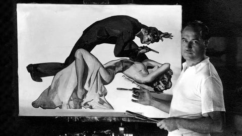 McClelland Barclay painting the first of ten story illustrations for "Penthouse" series by Arthur Somers Roche published in Cosmopolitan magazine in May through September 1933