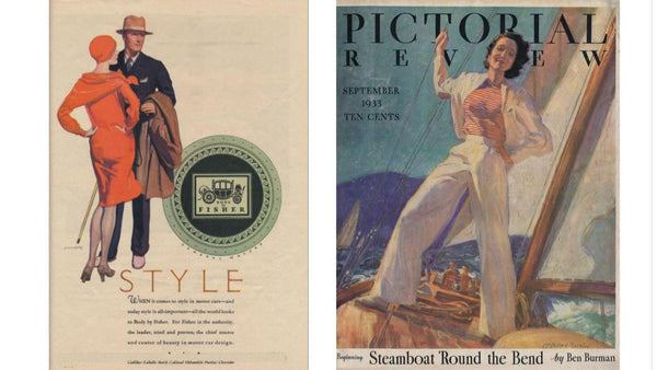 McClelland Barclay advertising and cover art illustrations. Left Fisher Body ad, Aug 1928; right: Pictorial Review, cover art Sep 1933