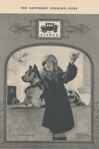 Girl with a Great Dane dog in a 1925 Fisher Bodies ad by McClelland Barclay