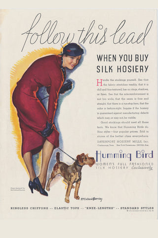 McClelland Barclay shows a woman tangled in the leash of her terrier dog in a Humming Bird silk hosiery ad, Ladies' Home Journal