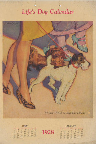 McClelland Barclay illustration shows the personalities of the terrier and pekingese and their respective owners in the July-August page of Life's Dog Calendar 1928