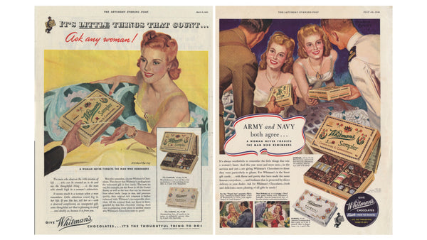 Whitman's chocolates ads illustrated by McClelland Barclay feature models wearing his signature jewellery by Rice-Weiner & Co.