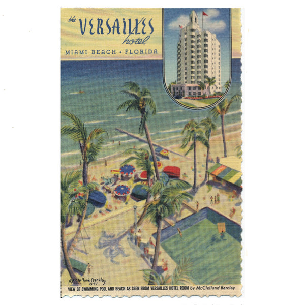 McClelland Barclay 1941 Illustrated postcard of the view of the pool and beach from his room at the Versailles Hotel Miami Beach, Florida