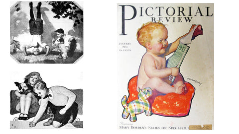 McClelland Barclay illustrations with dogs; terrier in Black Cat hosiery ad 1919; children with Boxer dog Buster Brown shoe ad 1920s; stuffed dog toy January 1933 cover Pictorial Review