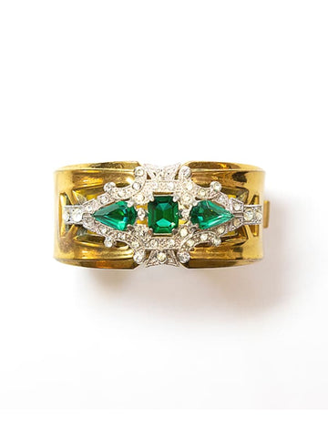 McClelland Barclay 1930s Art Deco gold-plated cuff bracelet with green and clear rhinestones