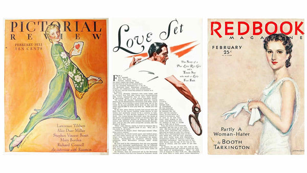 McClelland Barclay paintings from 1933: left pretty girl cover Pictorial Review; middle Cosmopolitan Love Set story; right Redbook cover Feb 1932