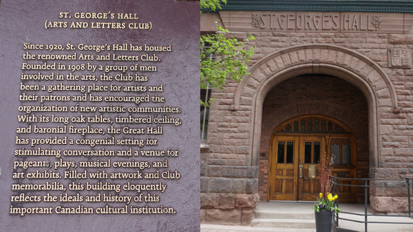 Entrance and Historic building plaque of St George's Hall the home of the Arts & Letters Club 14 Elm St Toronto, the venue for the Toronto Vintage Costume Jewellery Club sale Saturday June 3, 2023