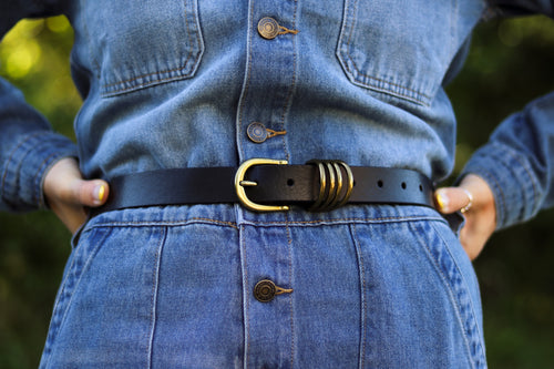 Brass-Toned Circle Buckle Leather Belt