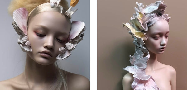 Ai design - to billeder af surrealistiske organiske motiver og lag af tekstureret keramik og skaller, der folder sig ud på et kvindeansigt.