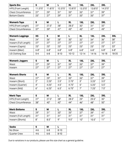 Mono B Size Chart