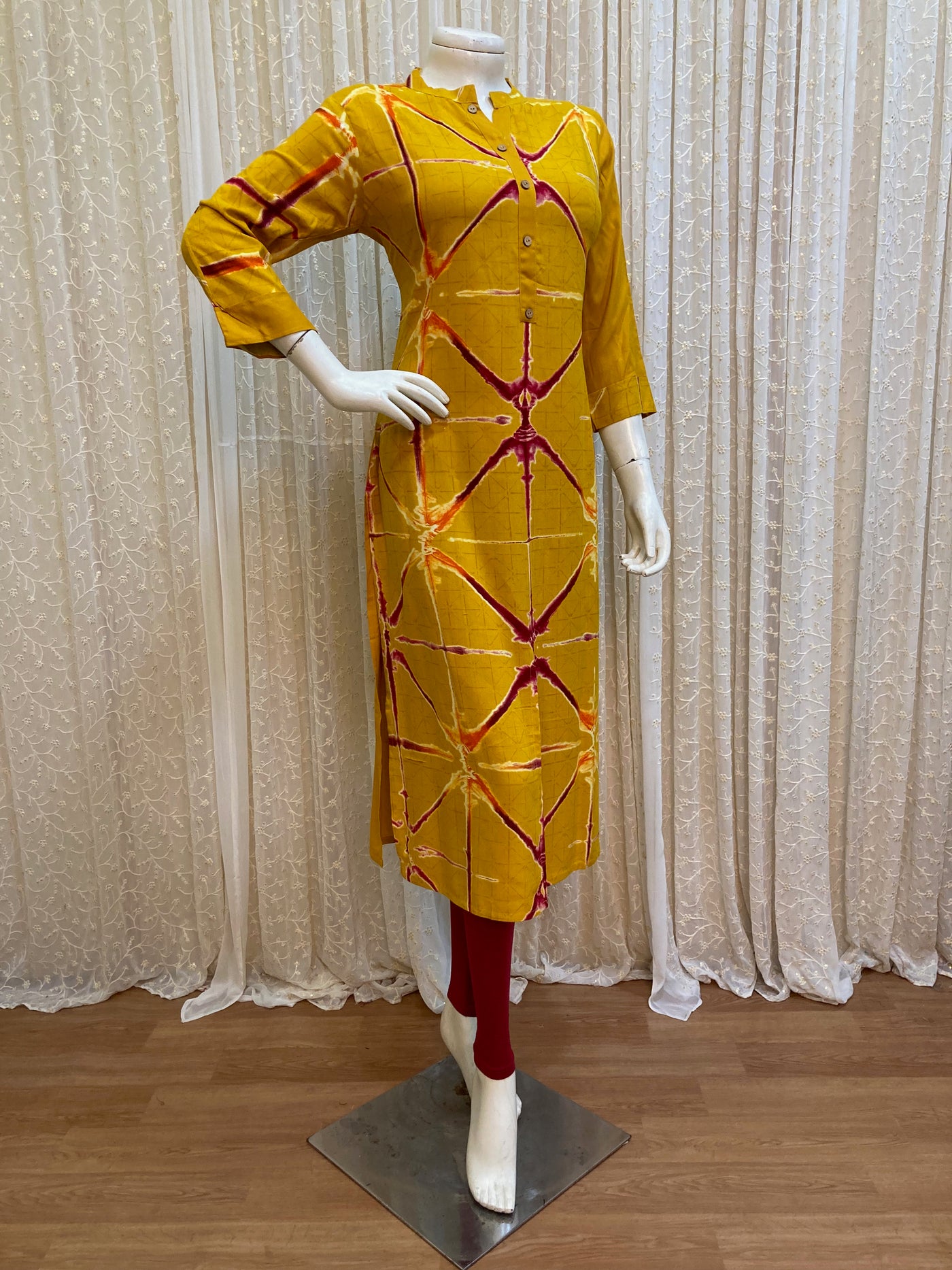 Fidaindia Yellow Rayon Print Straight Tie &Die Kurti