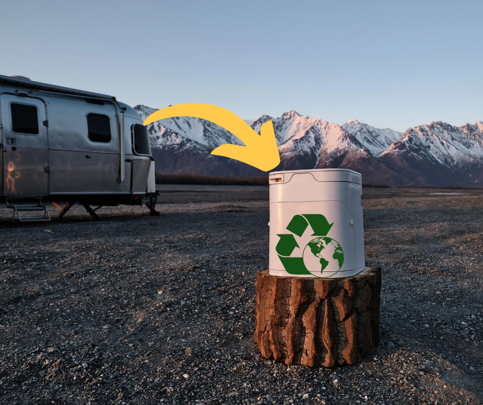 RV with a Composting Toilet outside in front of mountains