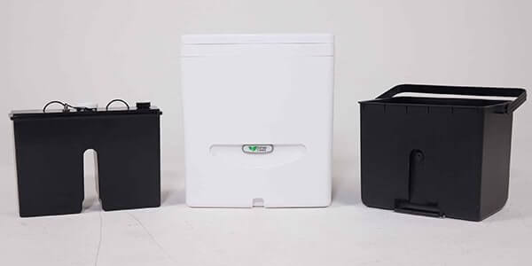 Compo Closet CUDDY Lite Composting Toilet Front View With Liquid Bottle And Bin