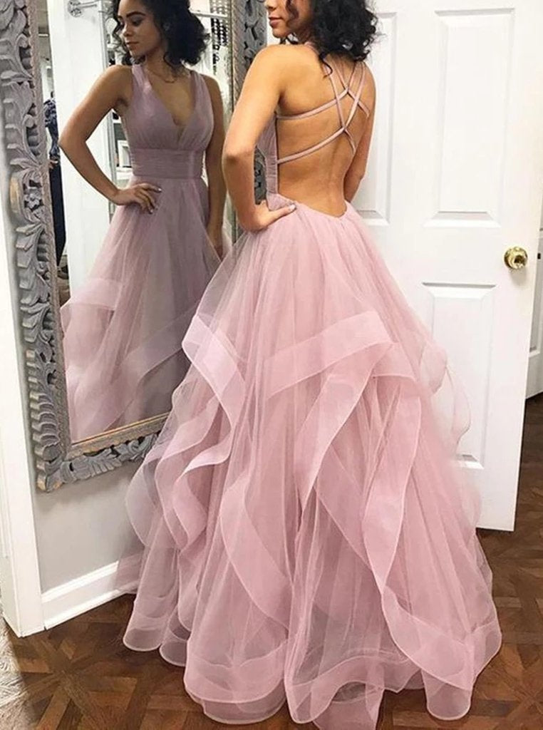 Backless Ruffles Graduation Dress A-Line V Neck Dusty Pink Long Prom Dresses  With Straps DTP776 – 