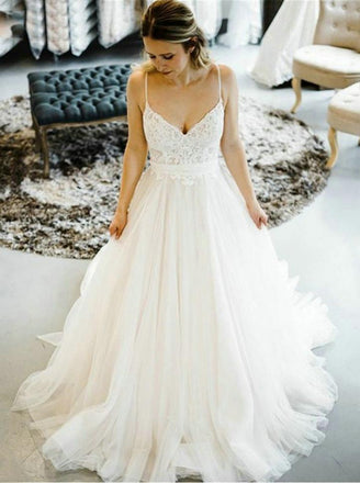 Deep V Neck A Line Lace Backless Wedding Dresses, Floral Wedding