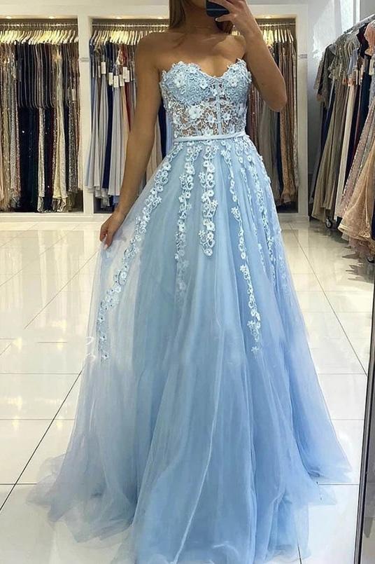 Light Blue Graduation Gown A-line Sweetheart Long Prom Dress with ...