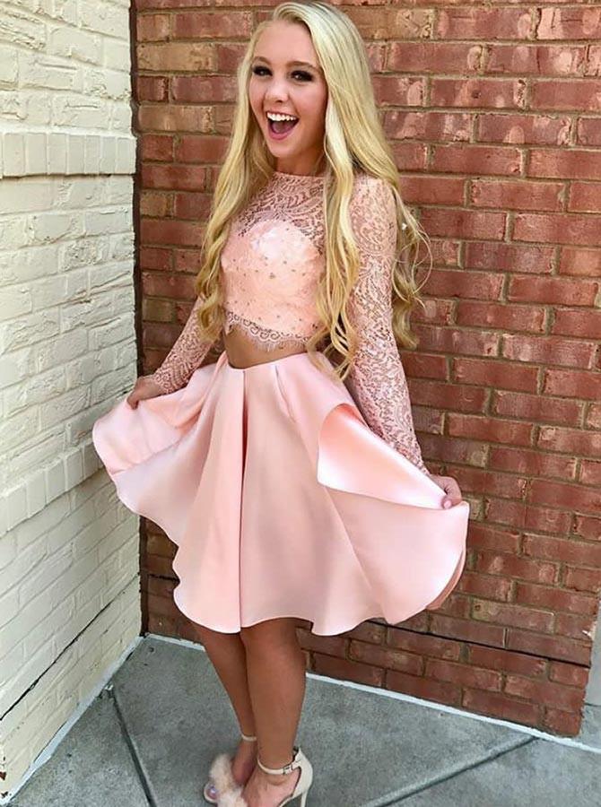 long sleeve lace short prom dress