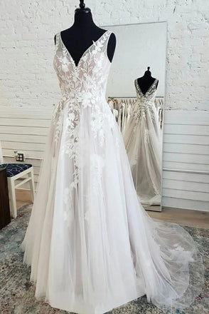2 In 1 Ivory V Neck Tulle Wedding Dresses Lace Applique Bridal