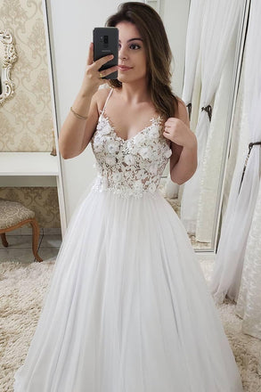 Spaghetti Straps V-Neck Lace Appliques A-line Tulle Rustic Wedding Dress  QW2286