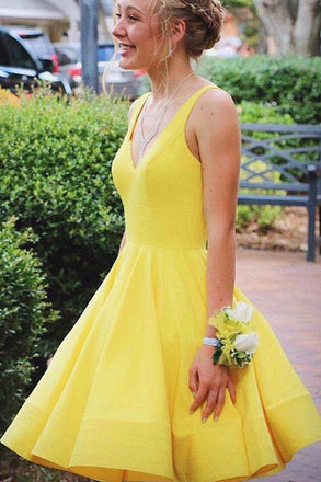 Yellow A Line Satin Lace up Back Homecoming Dresses PH368