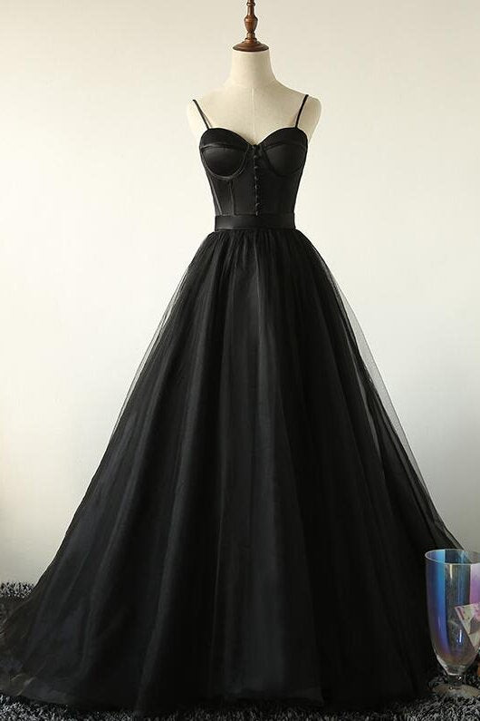 Elegant Straps Tulle Black Prom Dress Sweetheart Sleeveless Party Dress ...