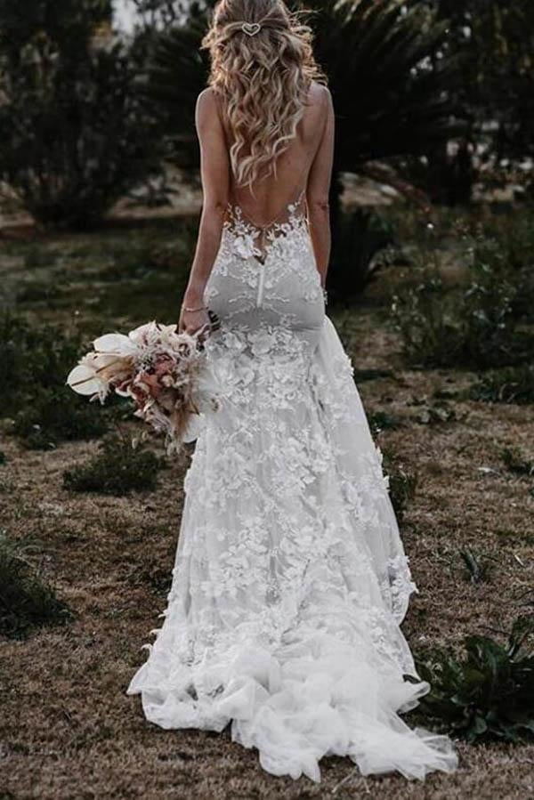 Unique A-line Wedding Dress Spaghetti Straps Beach Bridal Gown With ...