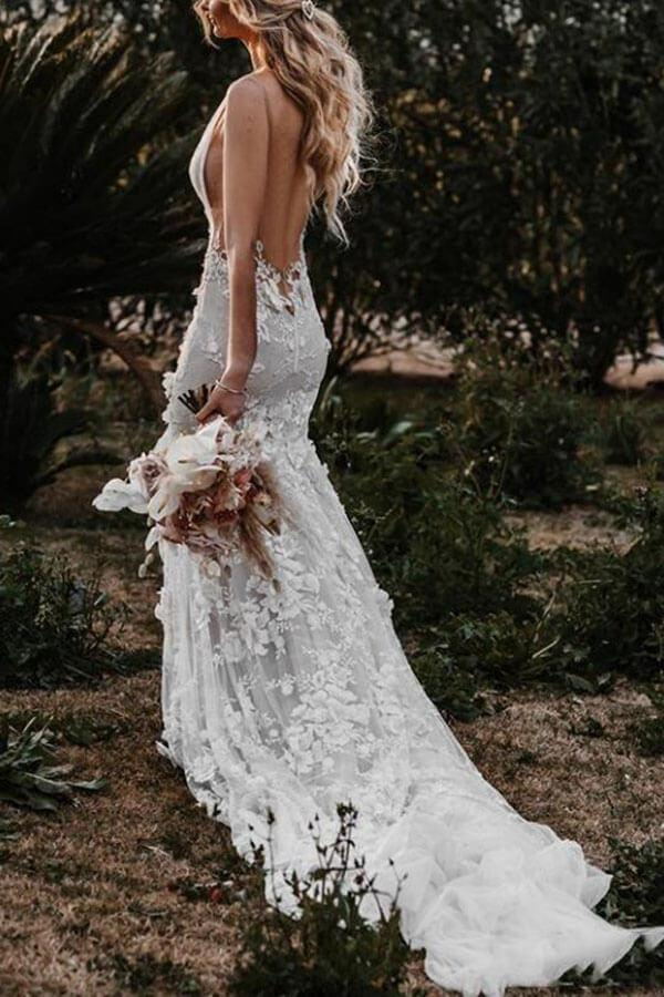 Unique A-line Wedding Dress Spaghetti Straps Beach Bridal Gown With ...