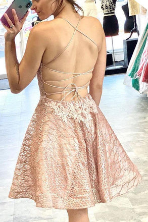 A-line Scoop Appliques Knee Length Prom Dresses Backless Party Dress