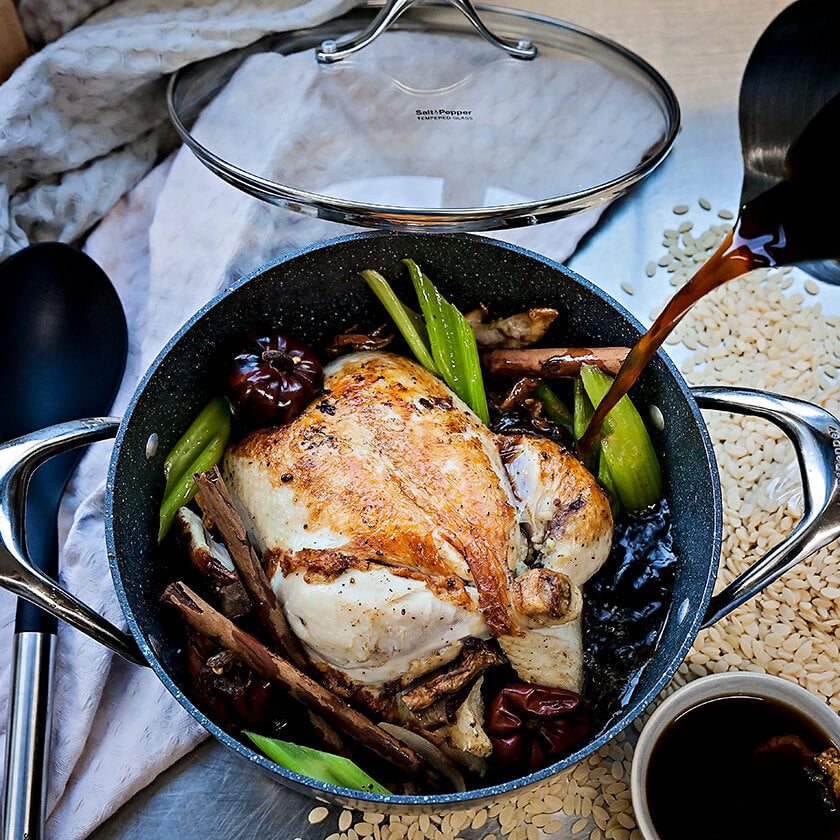 Roast chicken cooked in Tan-ium Casserole with Glass Lid