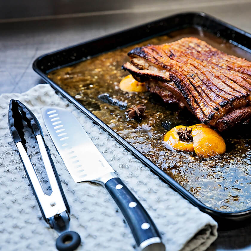 Sunday Bake Baking Tray, salt&pepper Santoku Knife and Tool Tongs