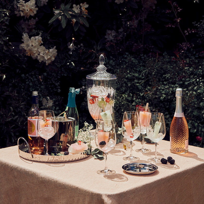 Strawberry & Lemon Thyme Pink Spritz served in Bond Surry Dispenser and Salut Wine Glasses 