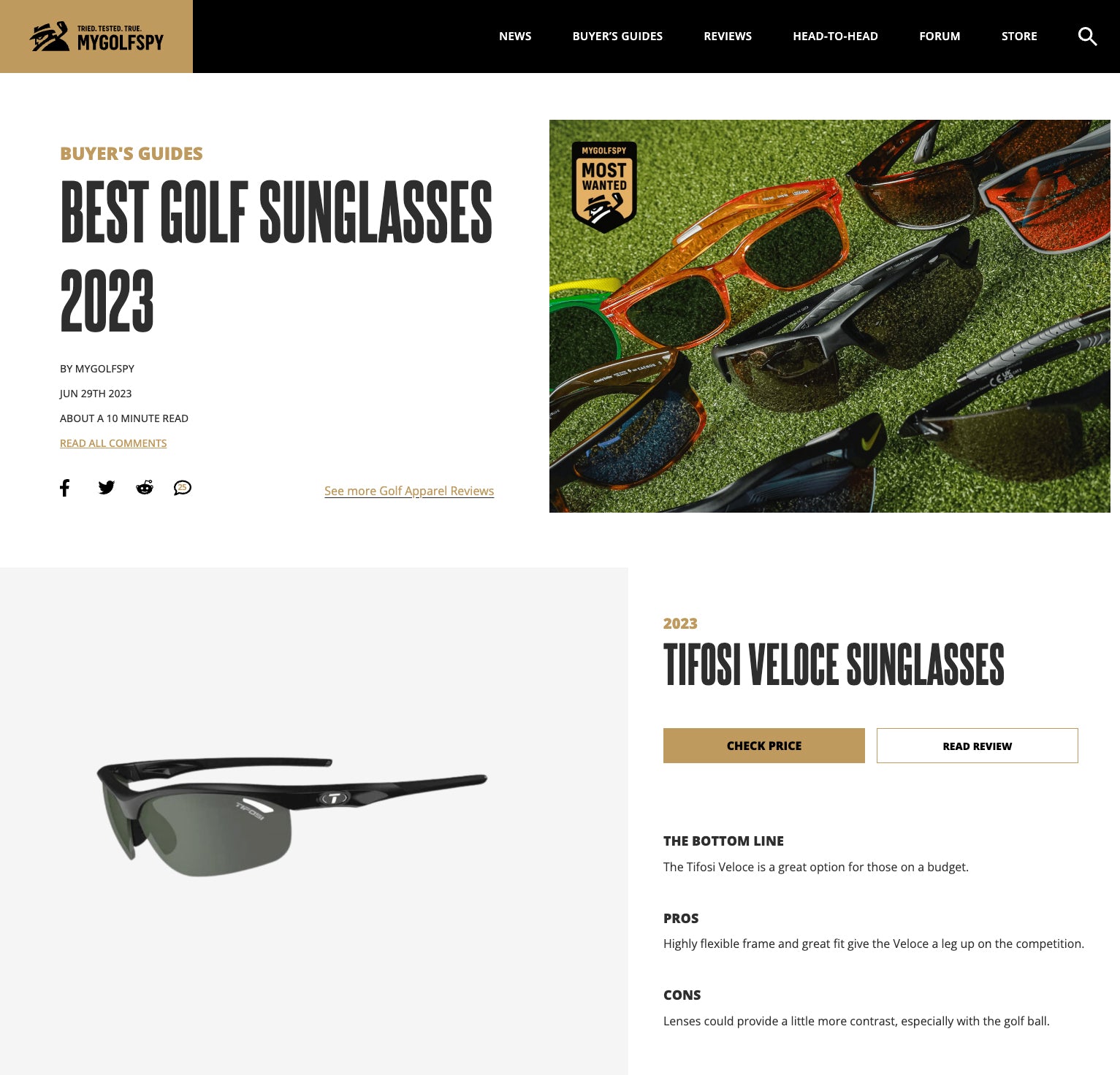 Veloce Sunglasses MyGolfSpy Buyer's Guide June 2023 Tifosi Optics