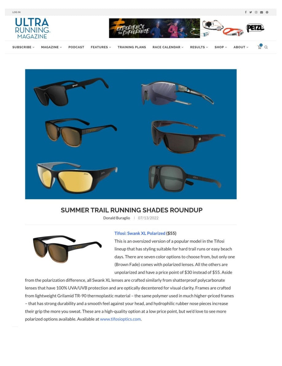 Tifosi Swank XL Polarized  - Ultra Running Magazine July 2022