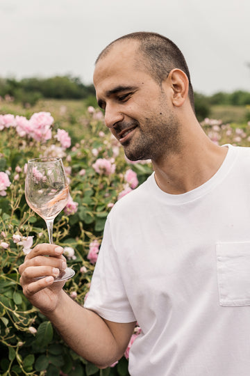 Мъж с чаша вино розе в поле с българска роза за производство на розово масло