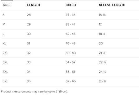 G200 DTG Shirt size chart