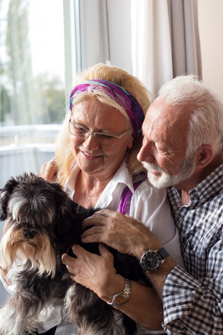 Elderly couple cuddling their dog