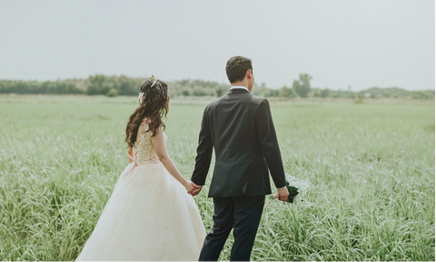 The backs of a bride and groom in a field