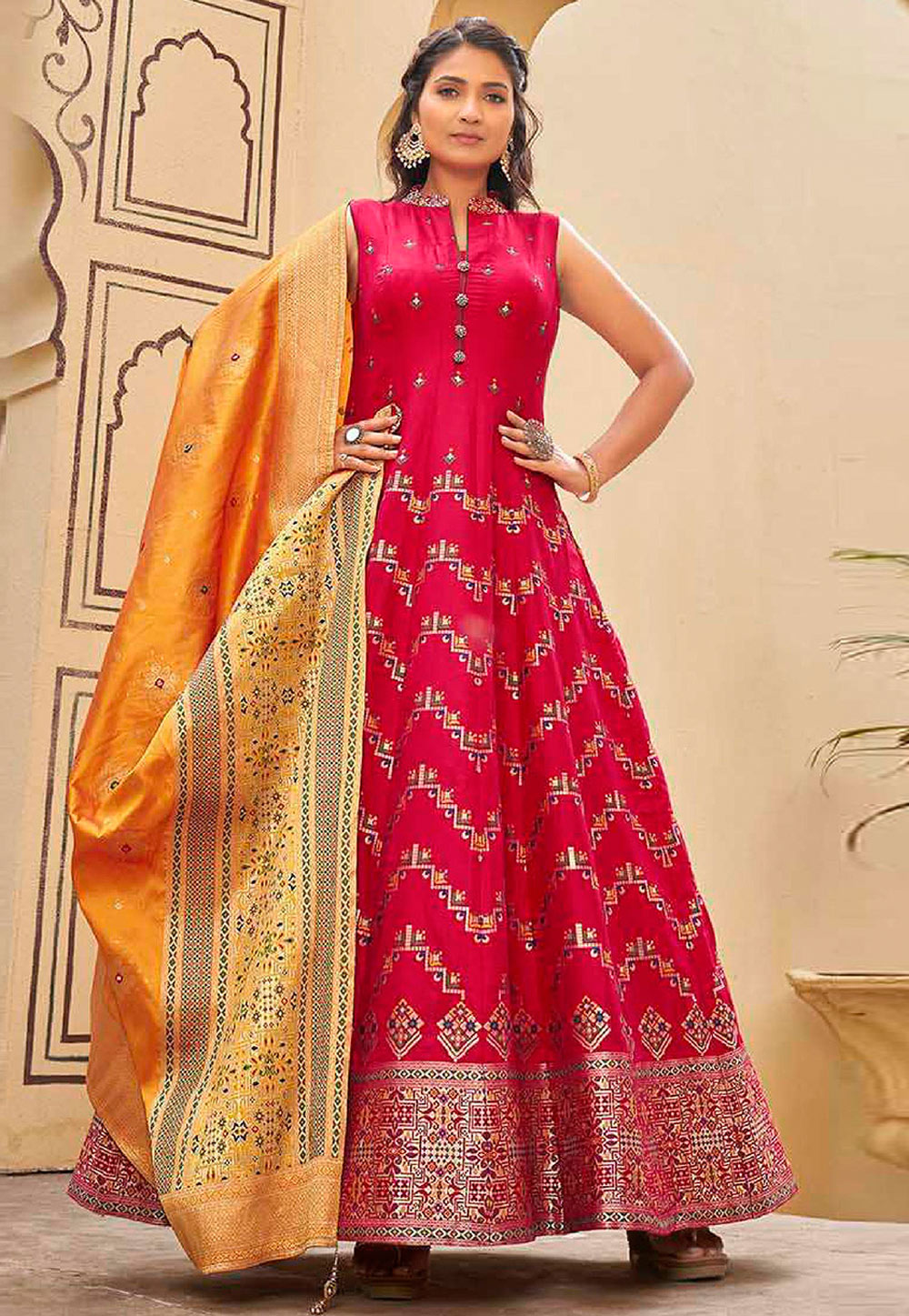 Aqua Blue and Pink Banarasi Anarkali Gown – FALAKENOOR
